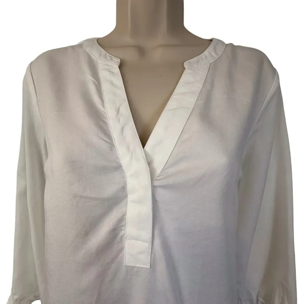 Crown & Ivy White Long Sleeve Pop Over Top Button V Neck Loose Flattering Fit - Picture 4 of 16